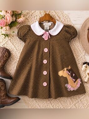 2T Bonnie Jean Horse Dress Brown Polka Dot Pink Ribbon Western Boutique